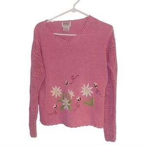 Vintage  80s Pink Embroidered Crochet Beaded Sweater Daisies Bees Size M VGUC